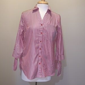 C. Established 1946 red/white striped blouse with tie sleeves, Small